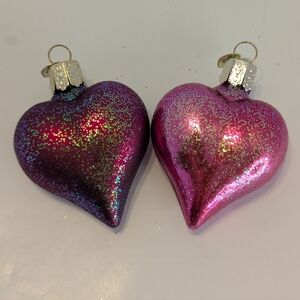Lot of 2 Old World Christmas OWC Pink & Purple Glittered Heart Ornaments